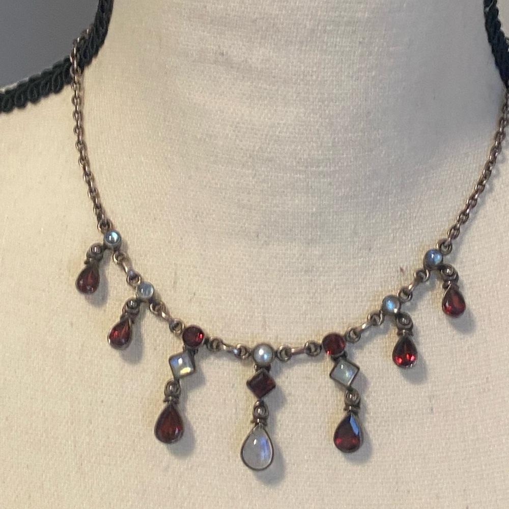 Vintage Nicky Butler Chandelier Garnet Necklace Moonstone Pearl Sterling Silver